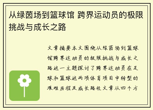 从绿茵场到篮球馆 跨界运动员的极限挑战与成长之路